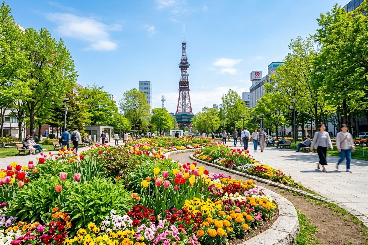 大通公園の花壇とさっぽろテレビ塔の美しい景色（札幌のイメージ）