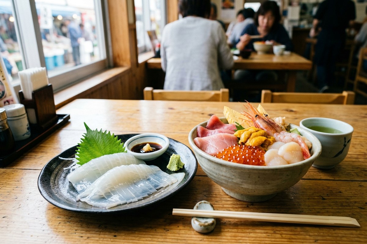 透き通る新鮮な活イカの刺身と豪華な海鮮丼(函館のイメージ)