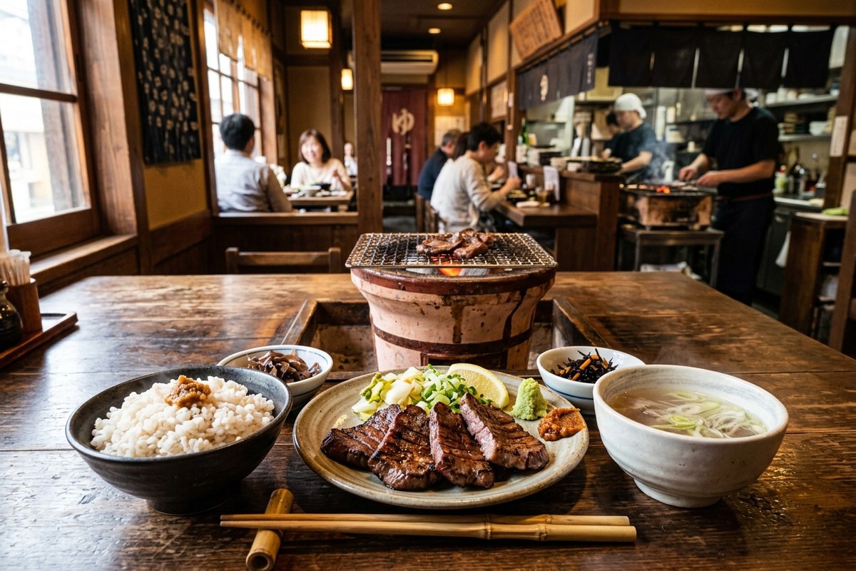 炭火で香ばしく焼かれた厚切りの牛タン定食(仙台のイメージ)