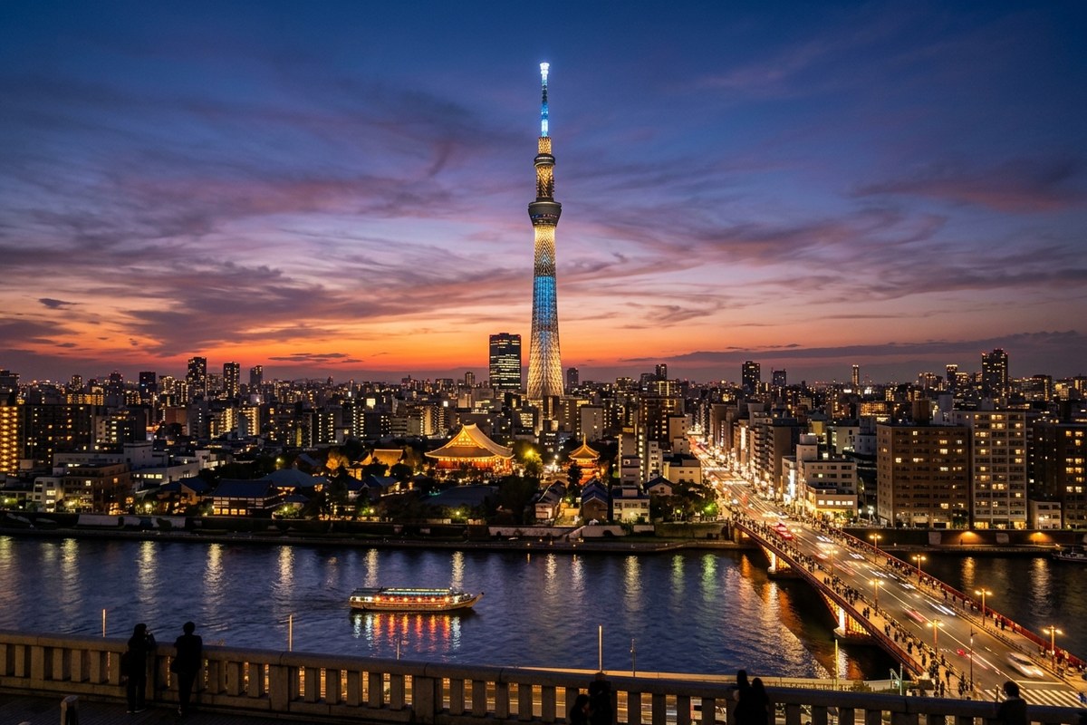 夕暮れ時に美しくライトアップされた東京スカイツリー（東京のイメージ）