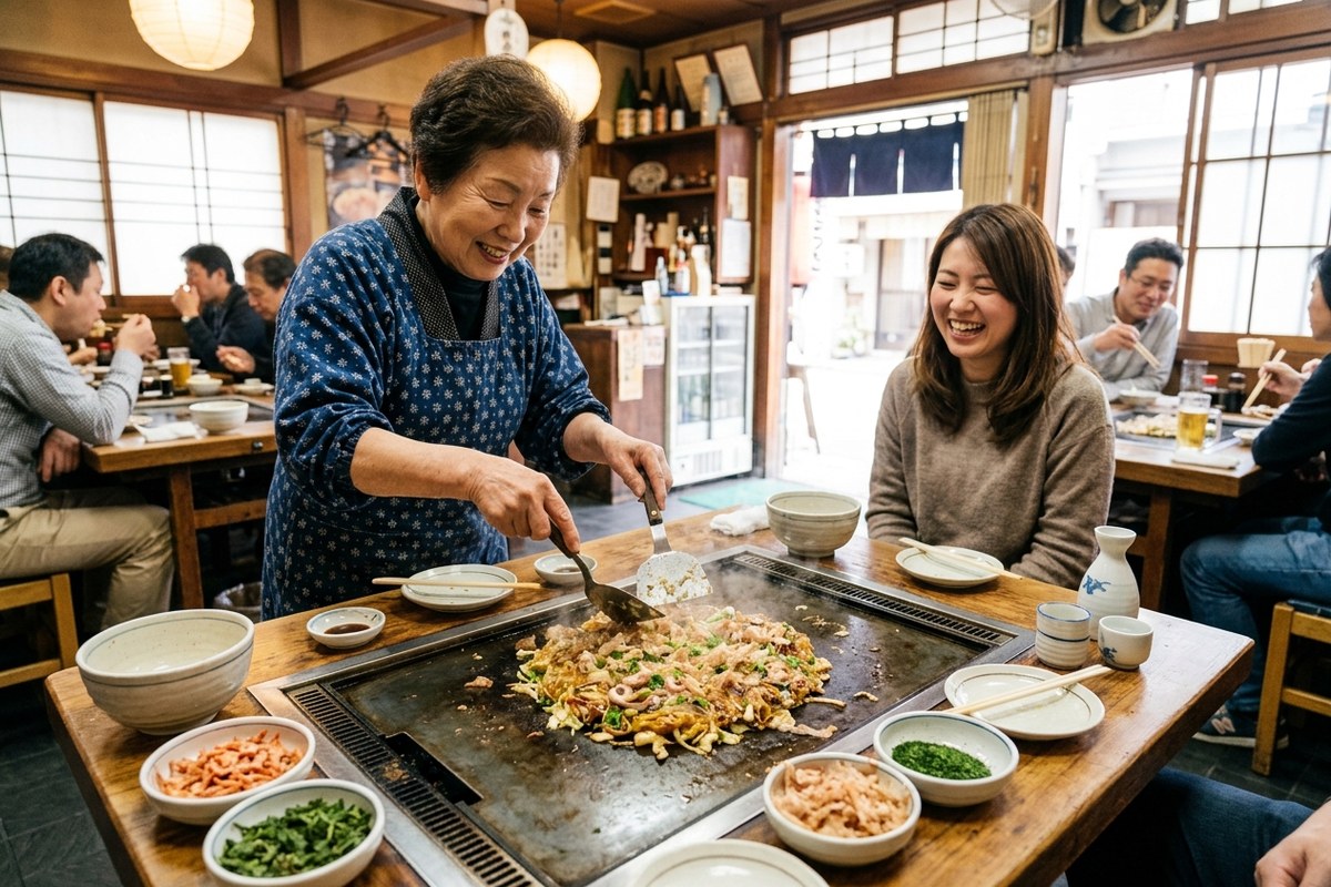 浅草の老舗で味わう香ばしい焼きたてのもんじゃ焼き（東京のイメージ）
