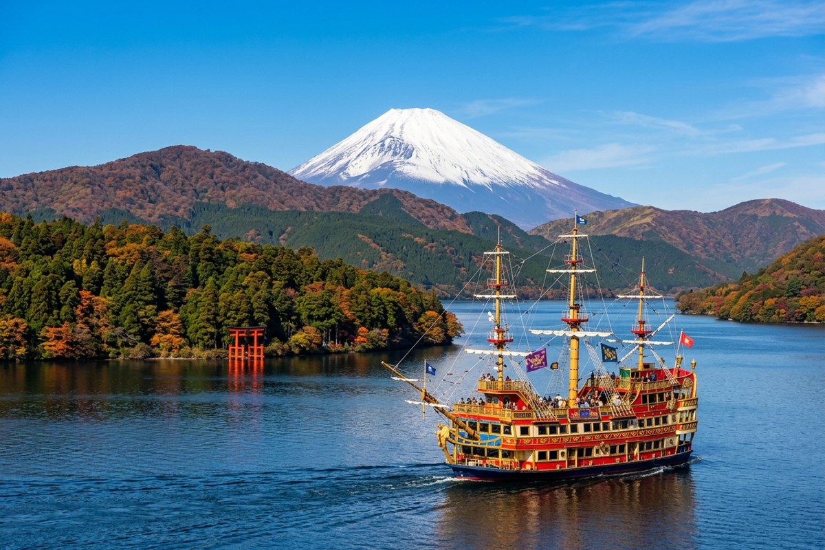 芦ノ湖を進む華やかな海賊船と背後の富士山(箱根のイメージ)