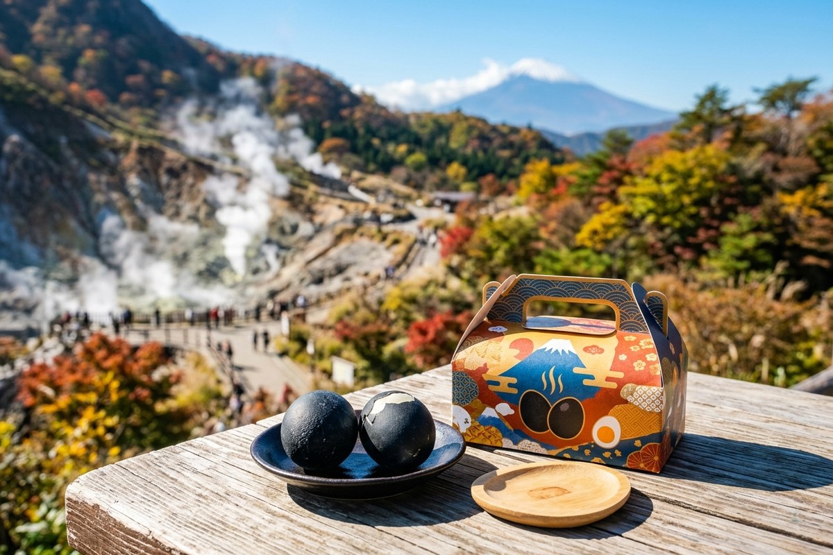 箱根名物の真っ黒な黒たまごとお土産の箱(箱根のイメージ)