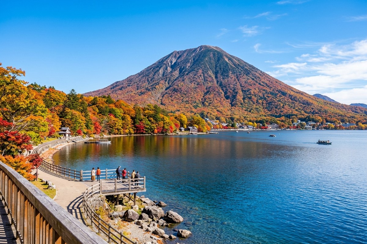 澄み渡る中禅寺湖と背景に聳える雄大な男体山(日光のイメージ)
