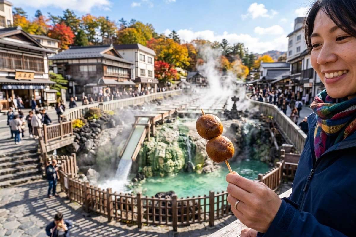 出来たての温かい温泉まんじゅうと湯畑の景色（草津温泉のイメージ）
