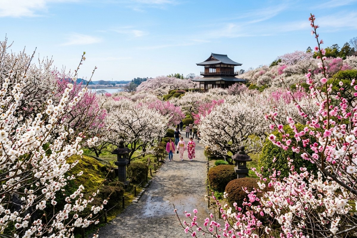 白やピンクの梅の花が咲き誇る春の偕楽園(水戸のイメージ)