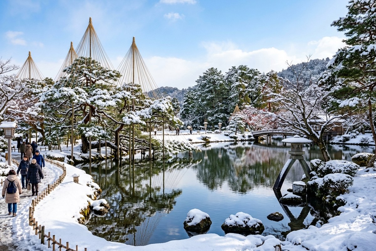 雪吊りが施された冬の兼六園と霞ヶ池の美しい風景(金沢のイメージ)