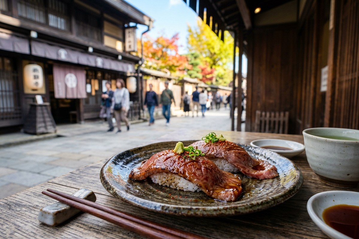 香ばしく炙られた飛騨牛の炙り握り寿司（高山のイメージ）