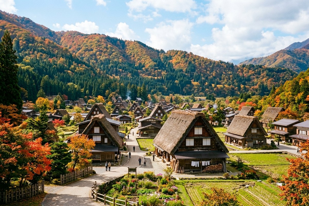 茅葺き屋根が並ぶ白川郷の合掌造り集落の風景（白川郷のイメージ）