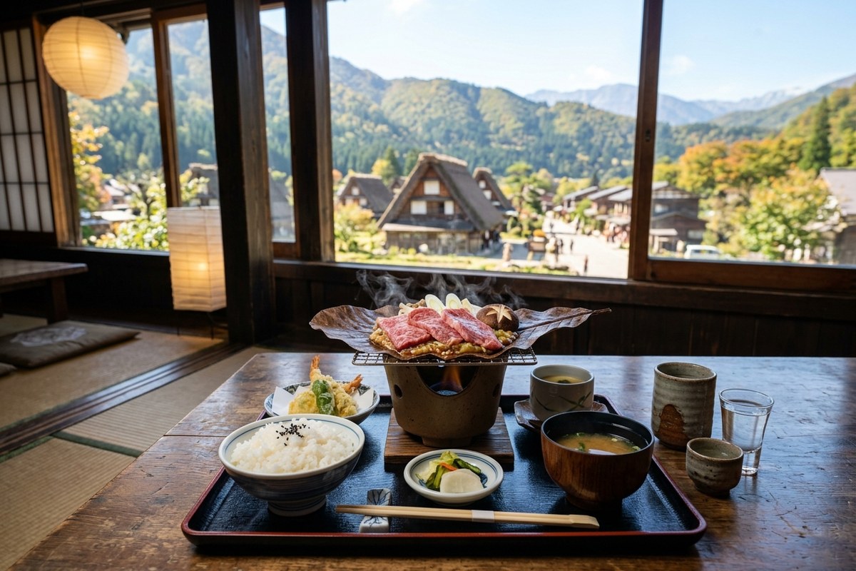香ばしい香りが漂う朴葉味噌と飛騨牛の御膳（白川郷のイメージ）