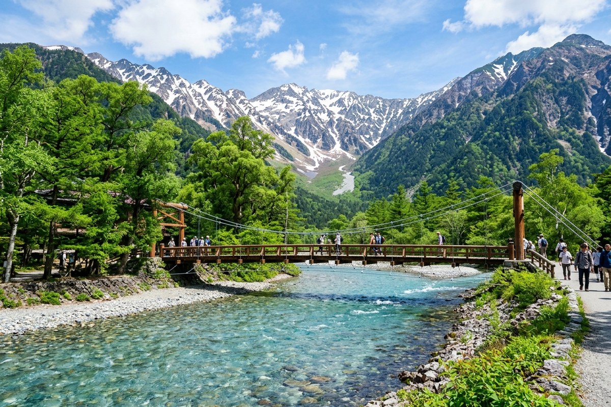 清流梓川と穂高連峰を望む初夏の上高地河童橋(松本のイメージ)