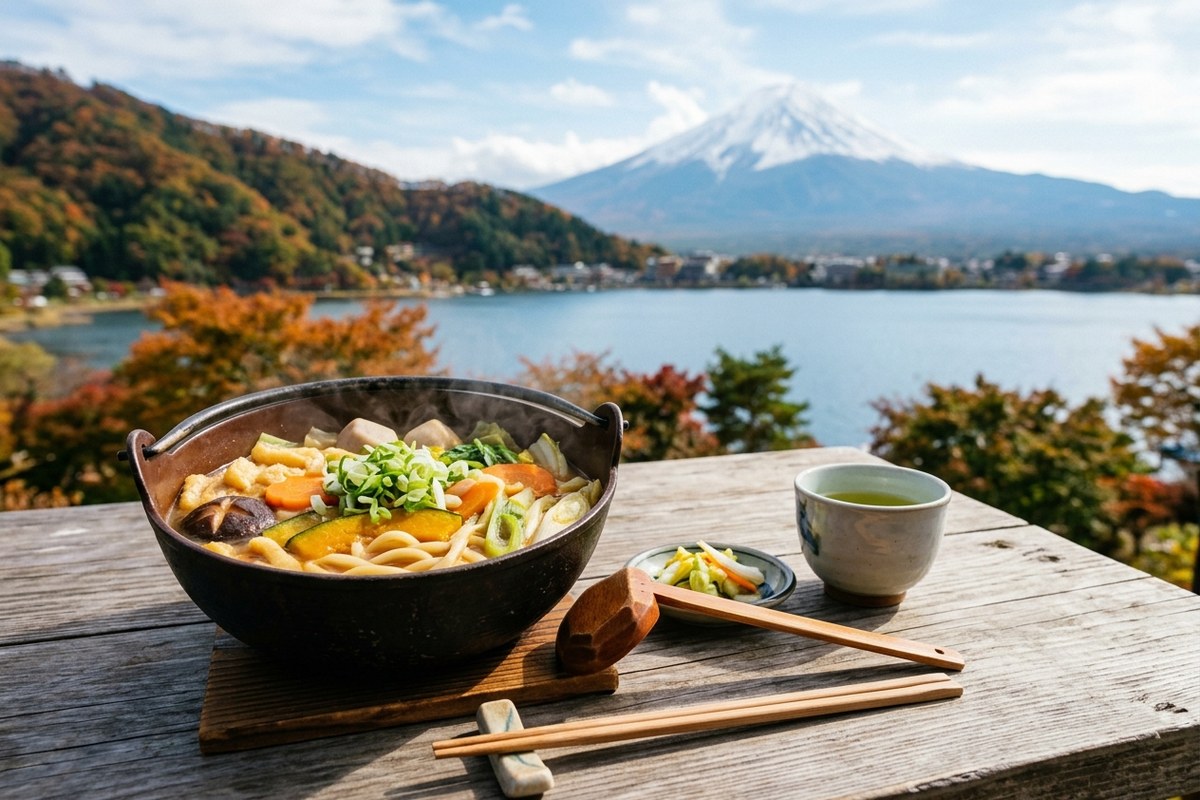熱々の鉄鍋に野菜がたっぷり入った山梨名物ほうとう（河口湖のイメージ）