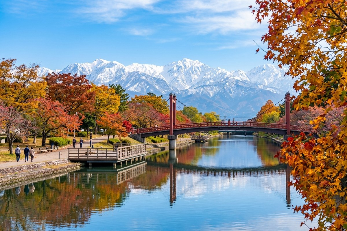 運河に架かる天門橋と立山連峰の絶景(富山のイメージ)