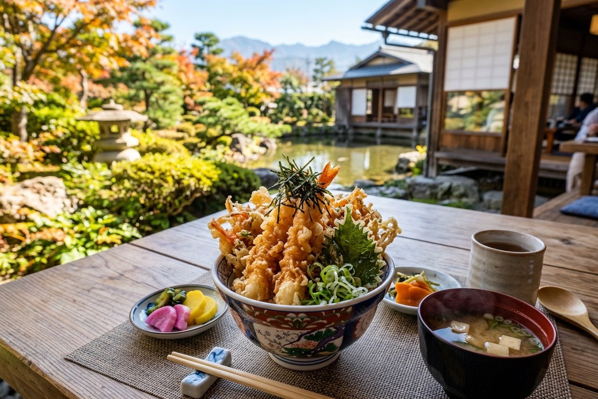 サクサクに揚がった香ばしい白えびの天丼(富山のイメージ)