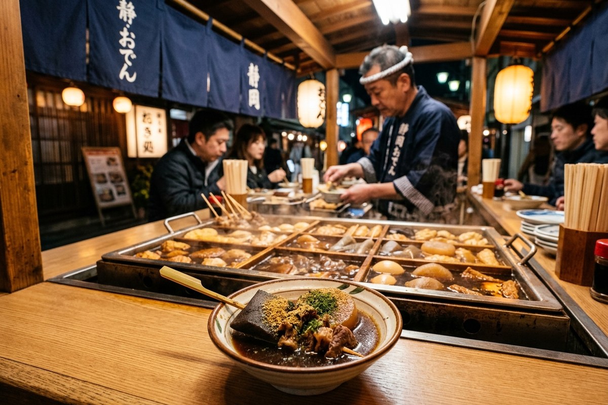 黒い出汁とだし粉が特徴的なアツアツの静岡おでん（静岡のイメージ）