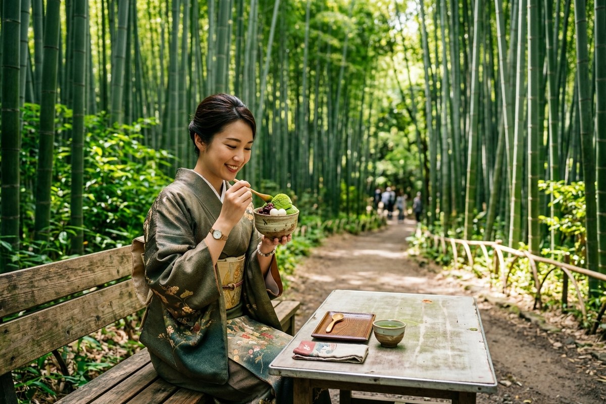 竹林の中で味わう濃厚な抹茶スイーツ(京都のイメージ)