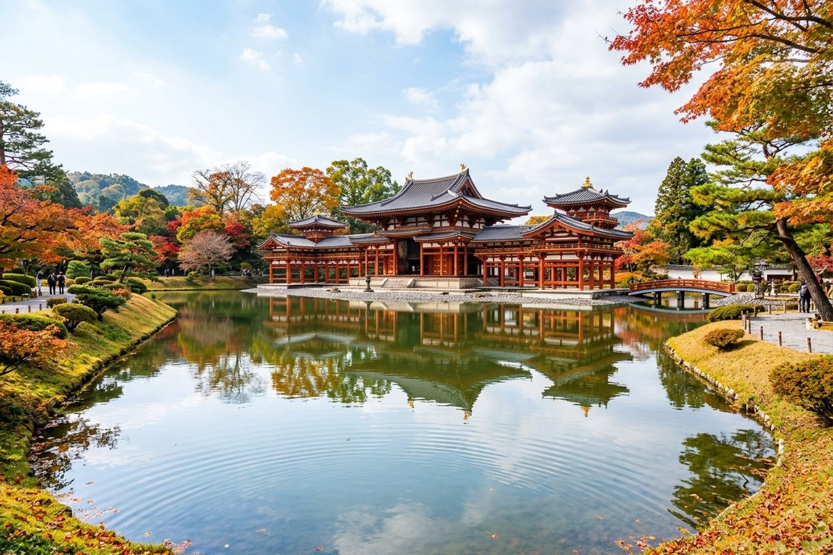 宇治川近くに佇む平等院鳳凰堂と阿字池の美しい風景（宇治のイメージ）