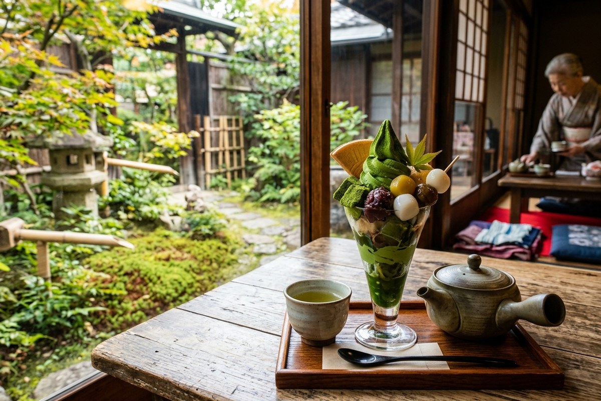 老舗茶屋で提供される濃厚な宇治抹茶パフェと日本茶（宇治のイメージ）