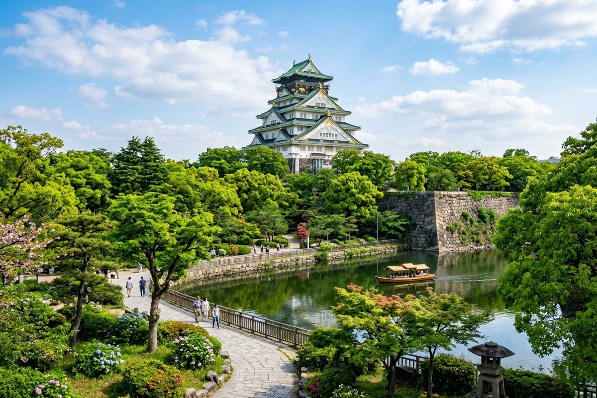 緑に囲まれた広大な敷地にそびえる大阪城天守閣（大阪のイメージ）