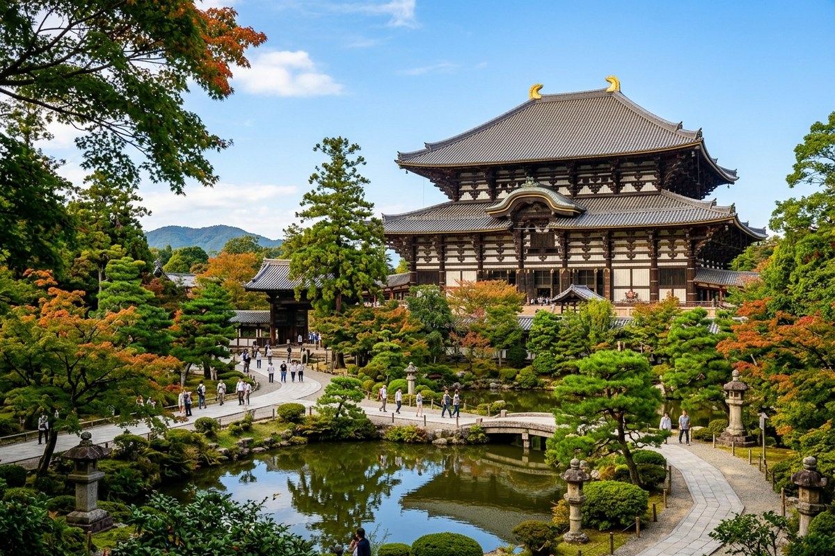 東大寺大仏殿の雄大な姿と境内の緑（奈良のイメージ）
