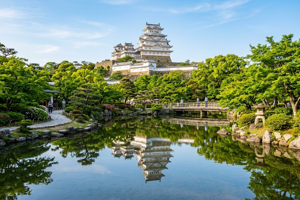 水面に映る白鷺城と緑豊かな好古園の日本庭園（姫路のイメージ）