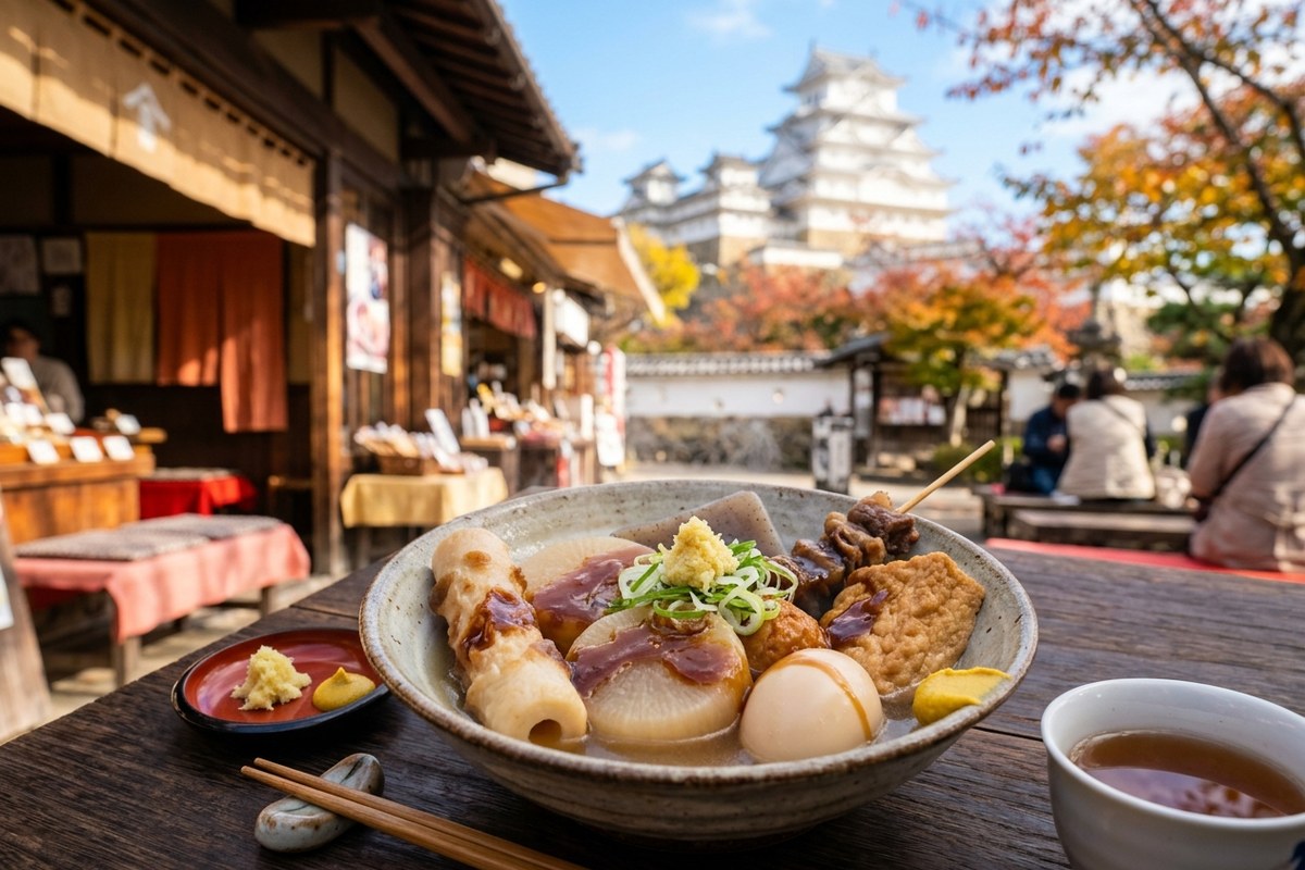 生姜醤油がかかった熱々の姫路おでんと名物料理（姫路のイメージ）
