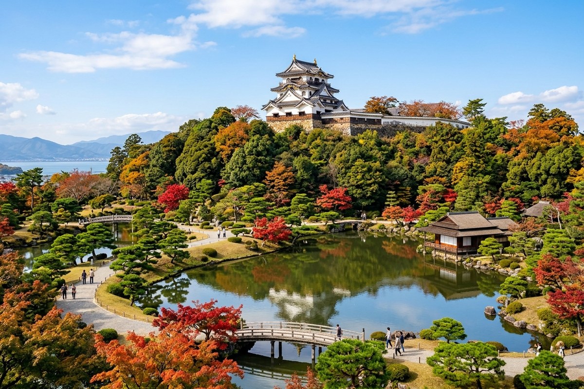 国宝・彦根城天守と広大な玄宮園の風景（彦根のイメージ）