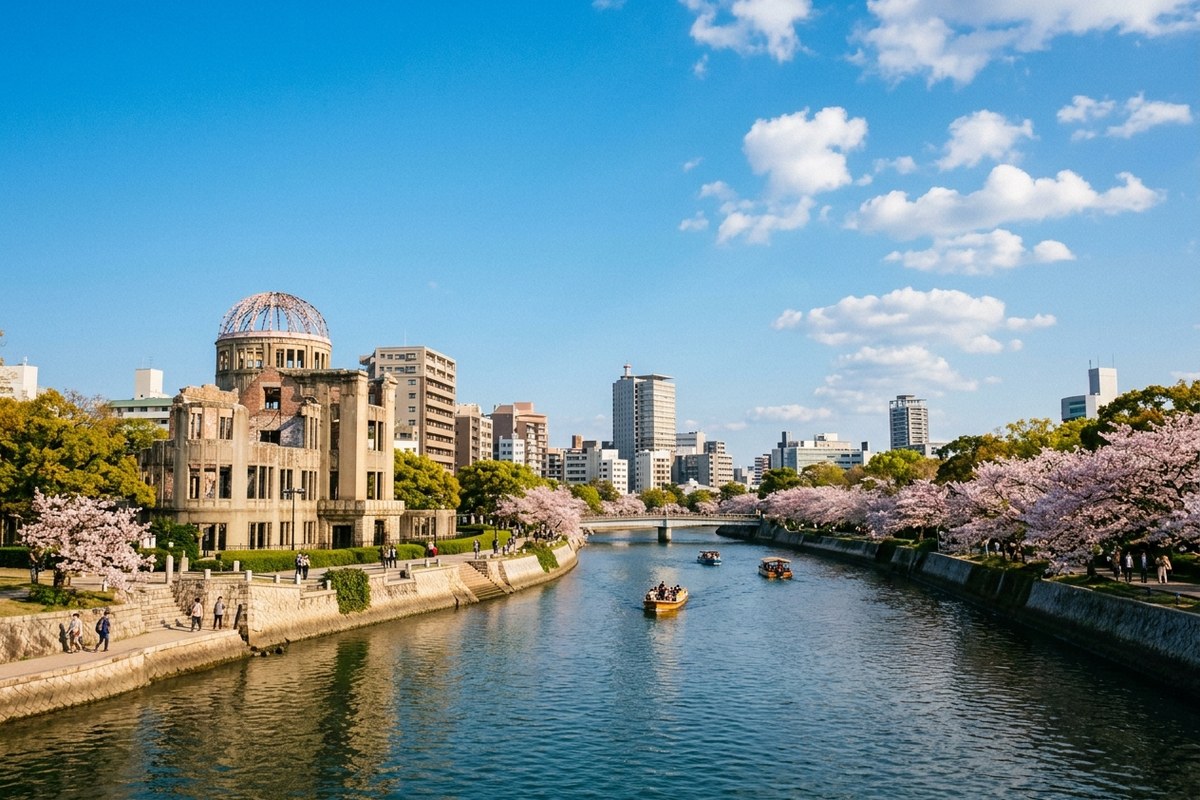 青空に映える原爆ドームと元安川の風景(広島のイメージ)