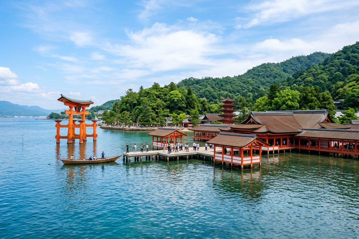 満潮時に海上に浮かぶ厳島神社の朱色の社殿（宮島のイメージ）