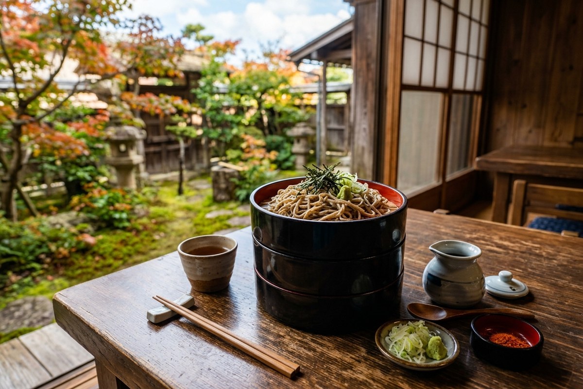 三段の丸い重箱に盛られた名物の割子そば（出雲のイメージ）