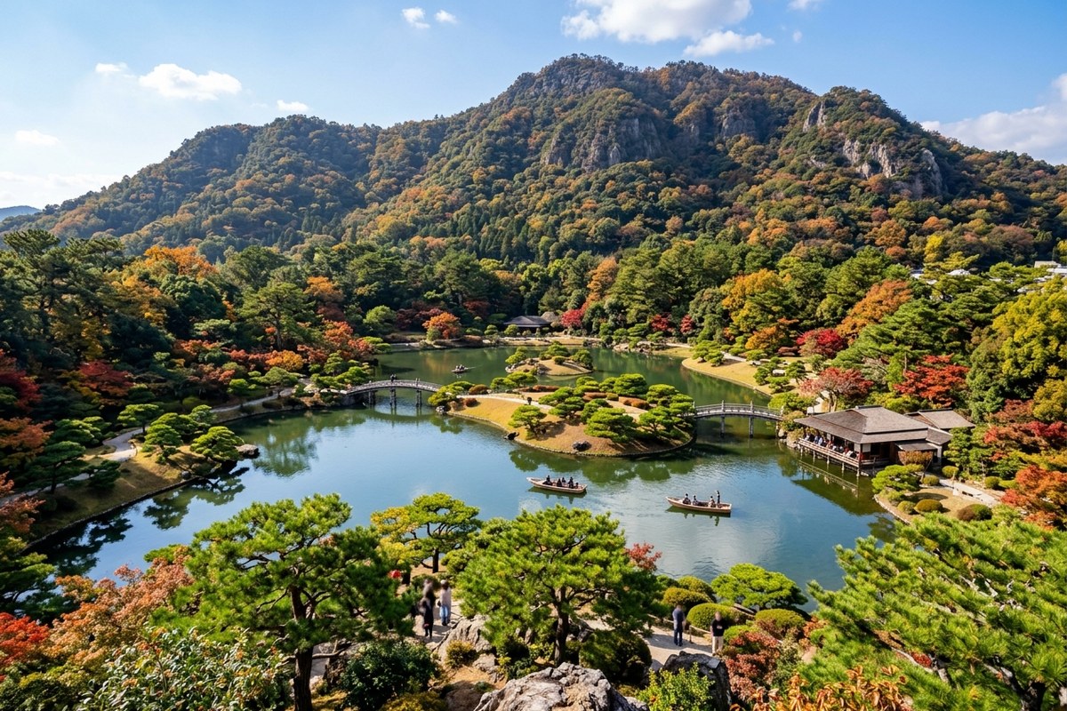 飛来峰から見下ろす栗林公園の南湖と紫雲山(高松のイメージ)