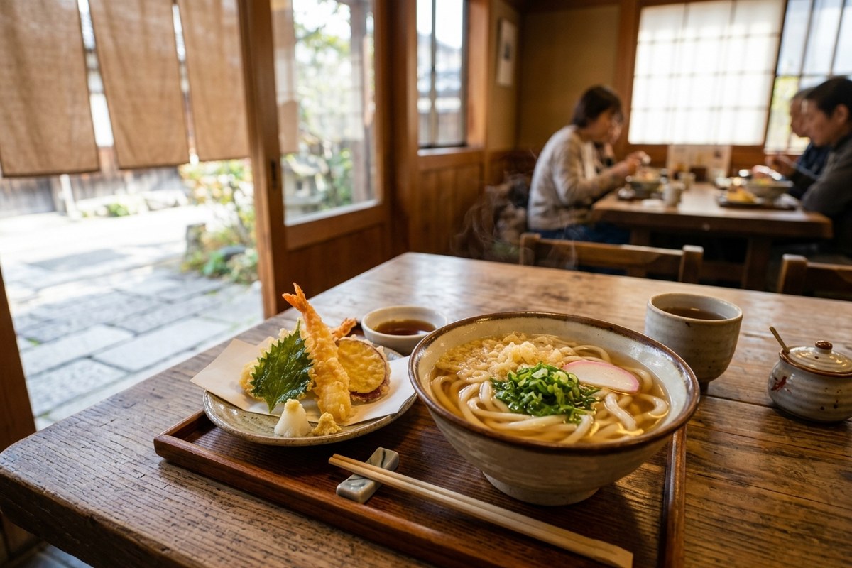 出汁の香りが立つ艶やかな讃岐うどんと天ぷら(高松のイメージ)