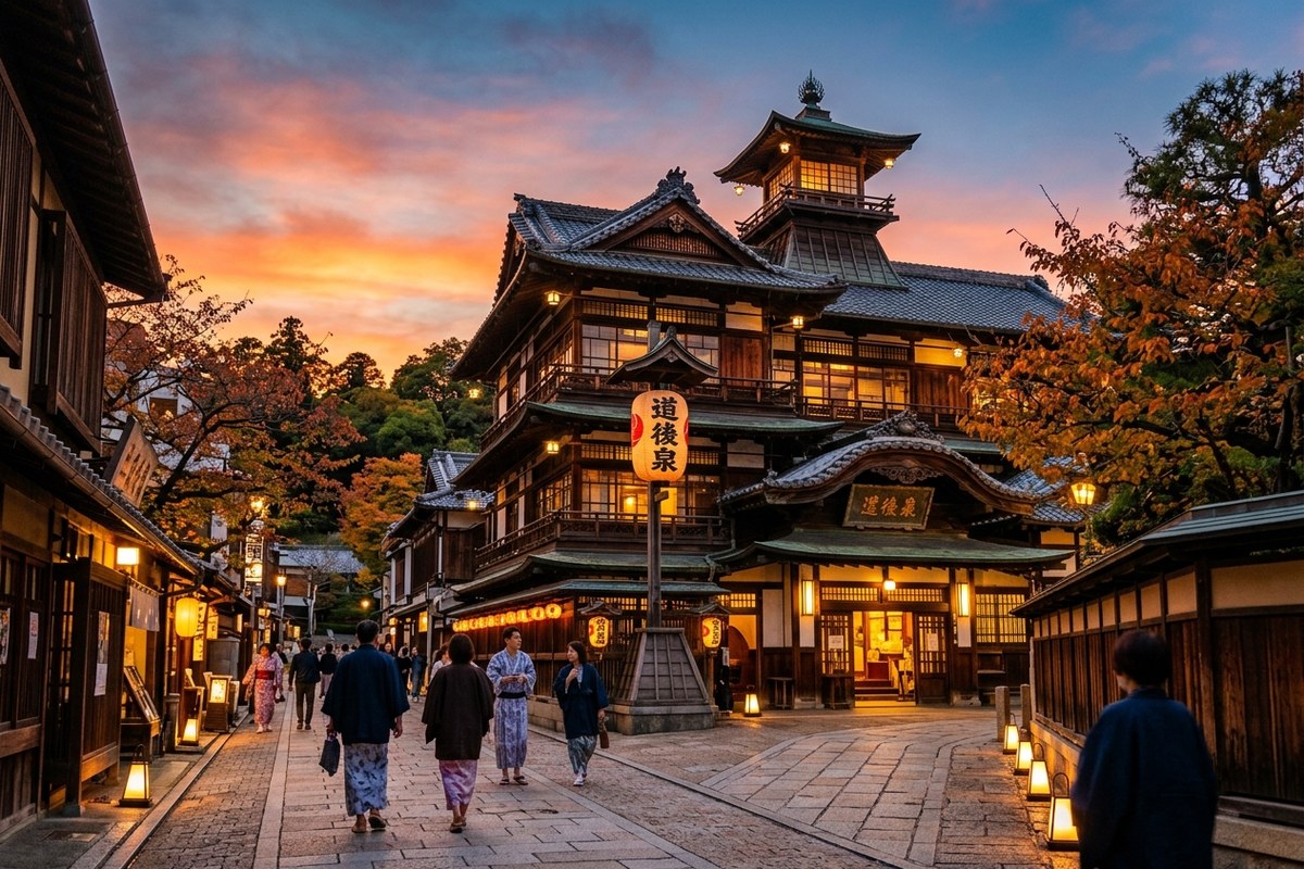 木造三層楼が佇む夕暮れの道後温泉本館（松山のイメージ）
