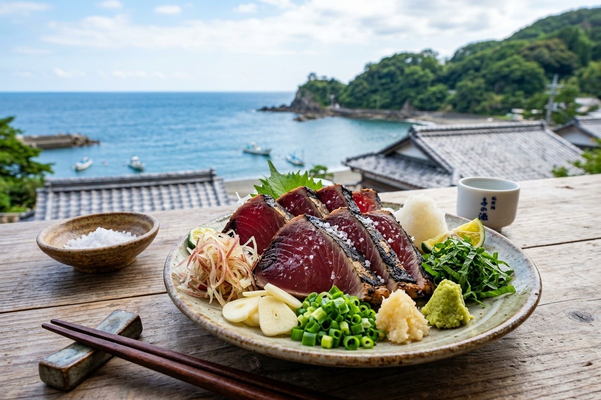 香ばしい藁焼きのカツオの塩たたきと薬味(高知のイメージ)