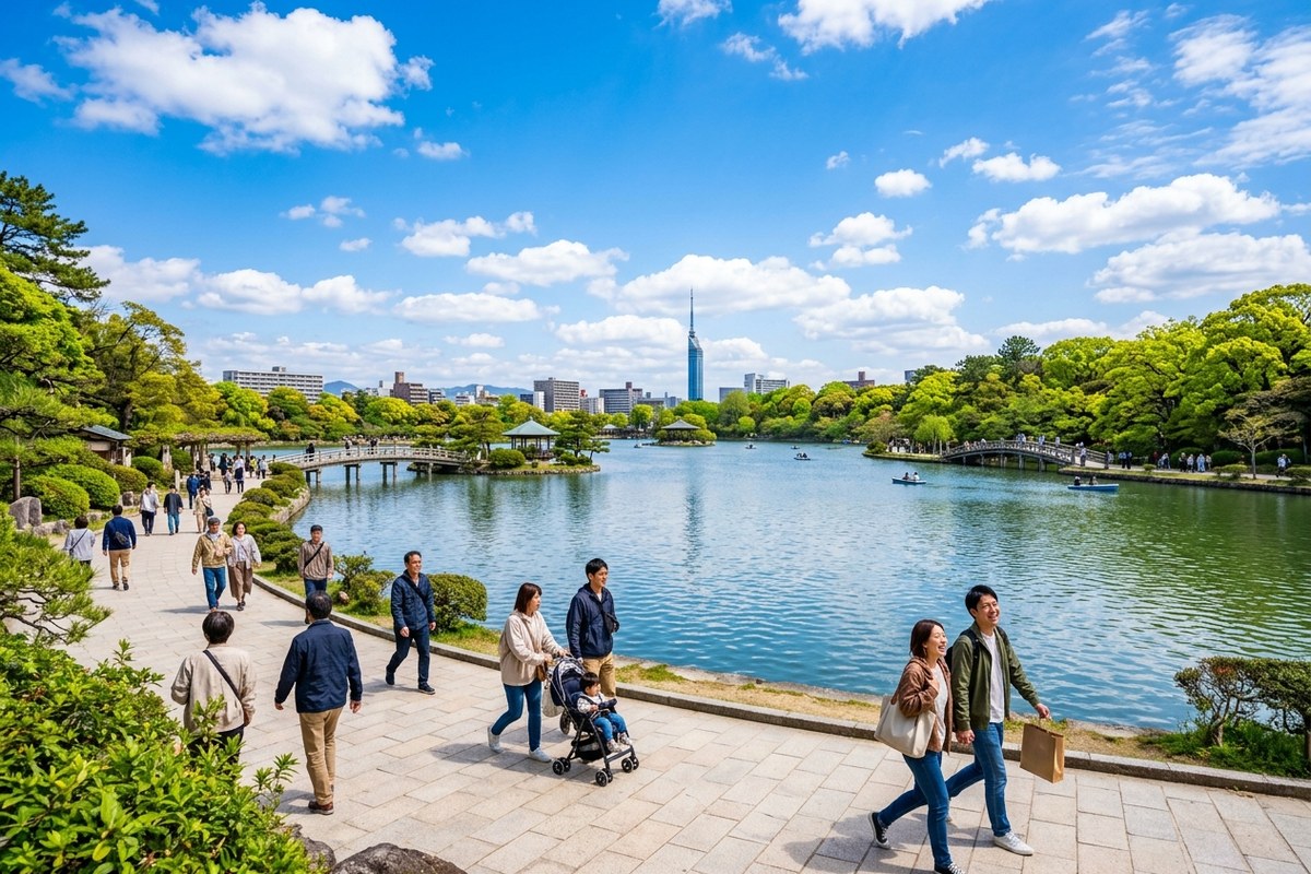 大濠公園の大きな池と青空の下を散策する人々（福岡のイメージ）