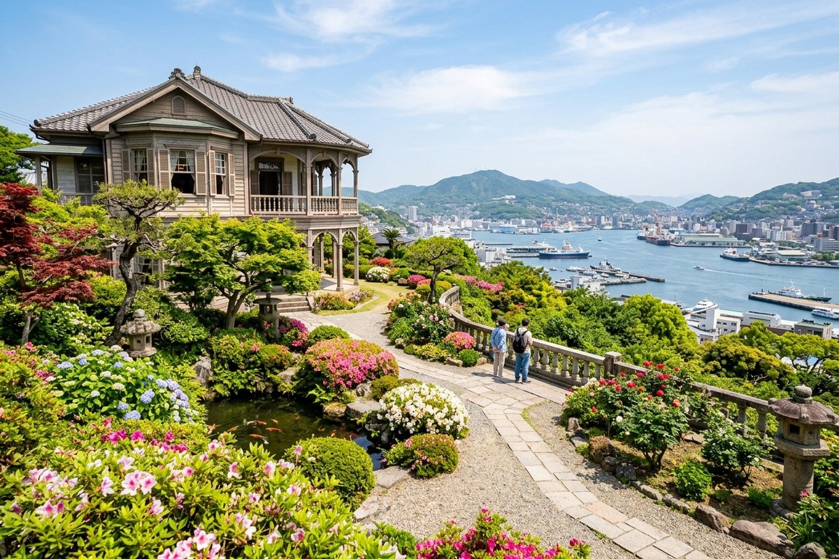 長崎港を見下ろす異国情緒あふれる洋館と庭園（長崎のイメージ）