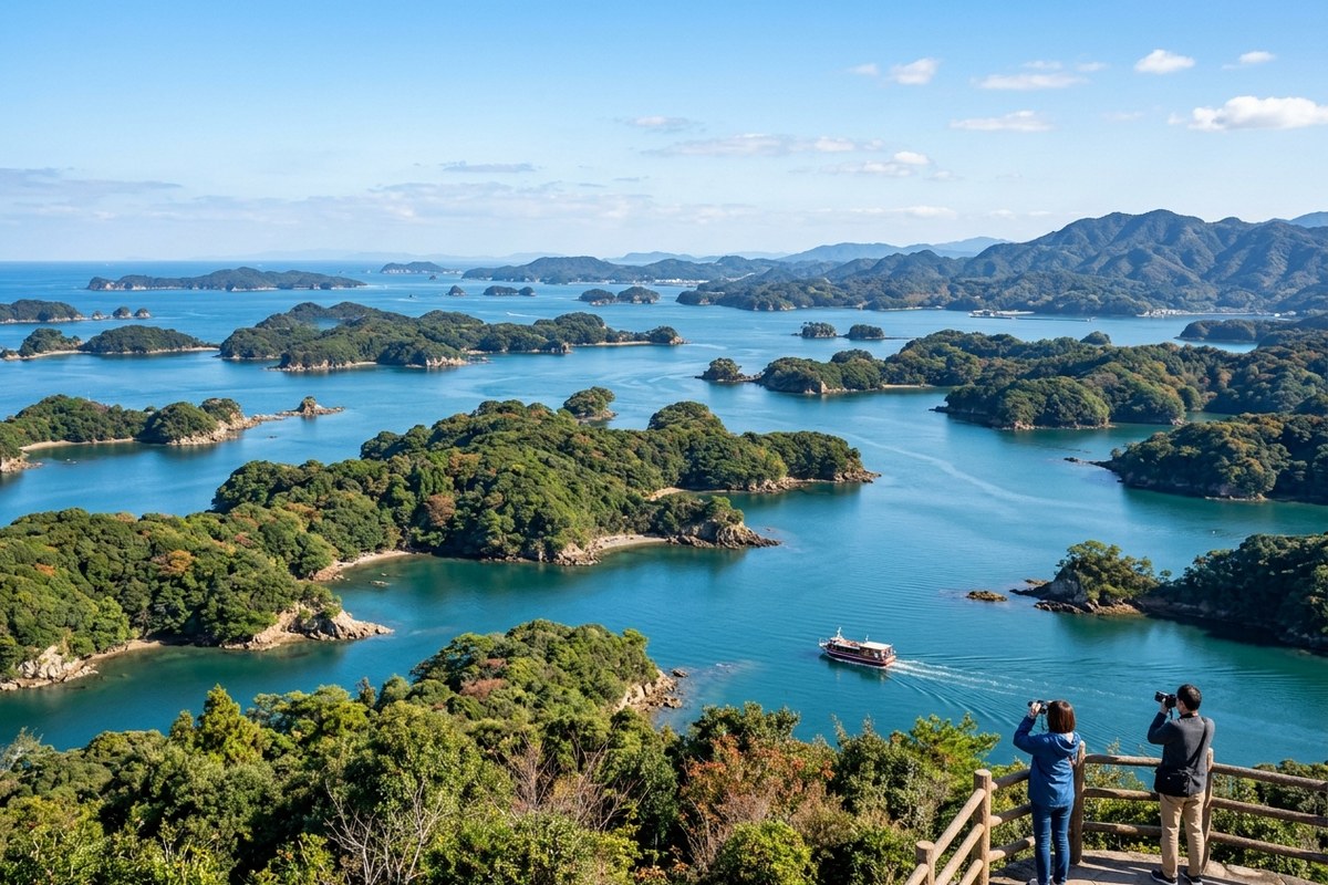 穏やかな海に無数の島々が浮かぶ九十九島の絶景（佐世保のイメージ）