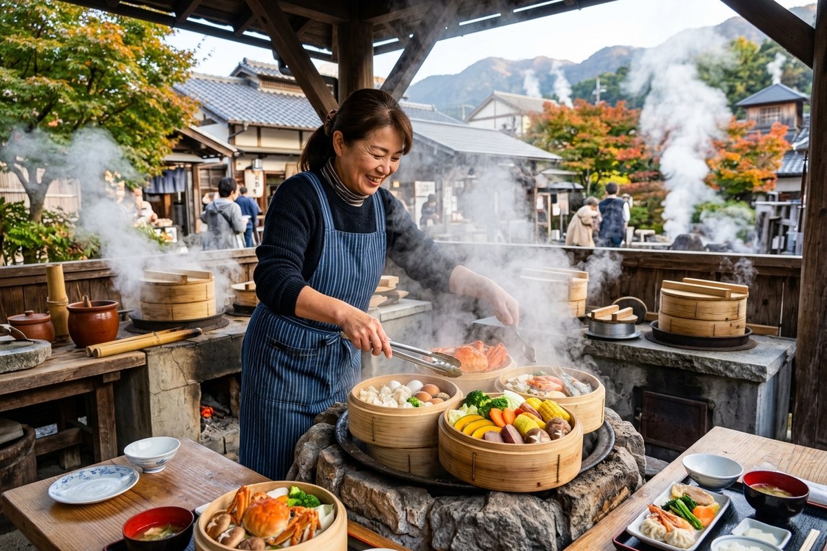 地獄蒸し工房で蒸し上げられた新鮮な食材と湯気（別府のイメージ）