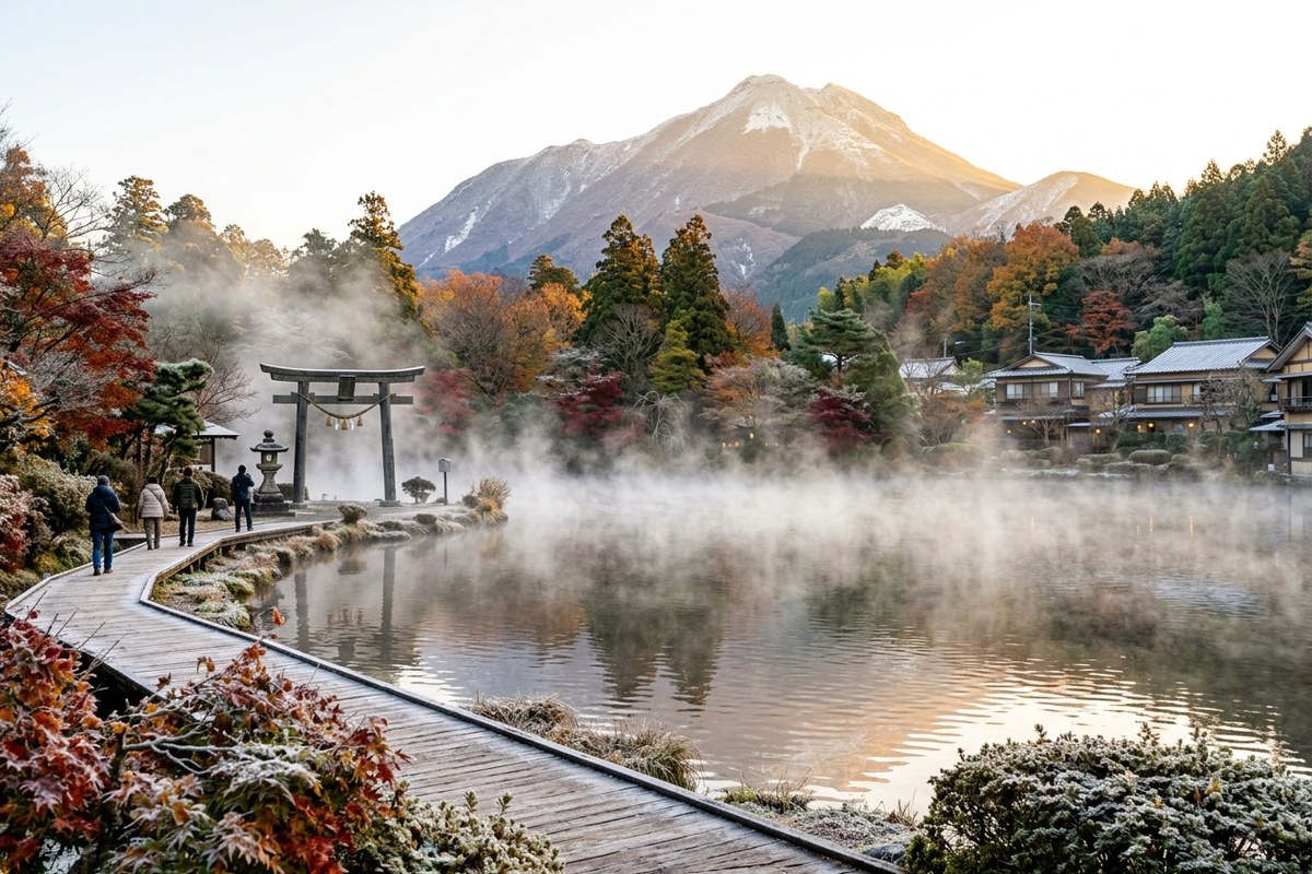 朝霧が幻想的に立ち込める冬の金鱗湖の湖面（湯布院のイメージ）