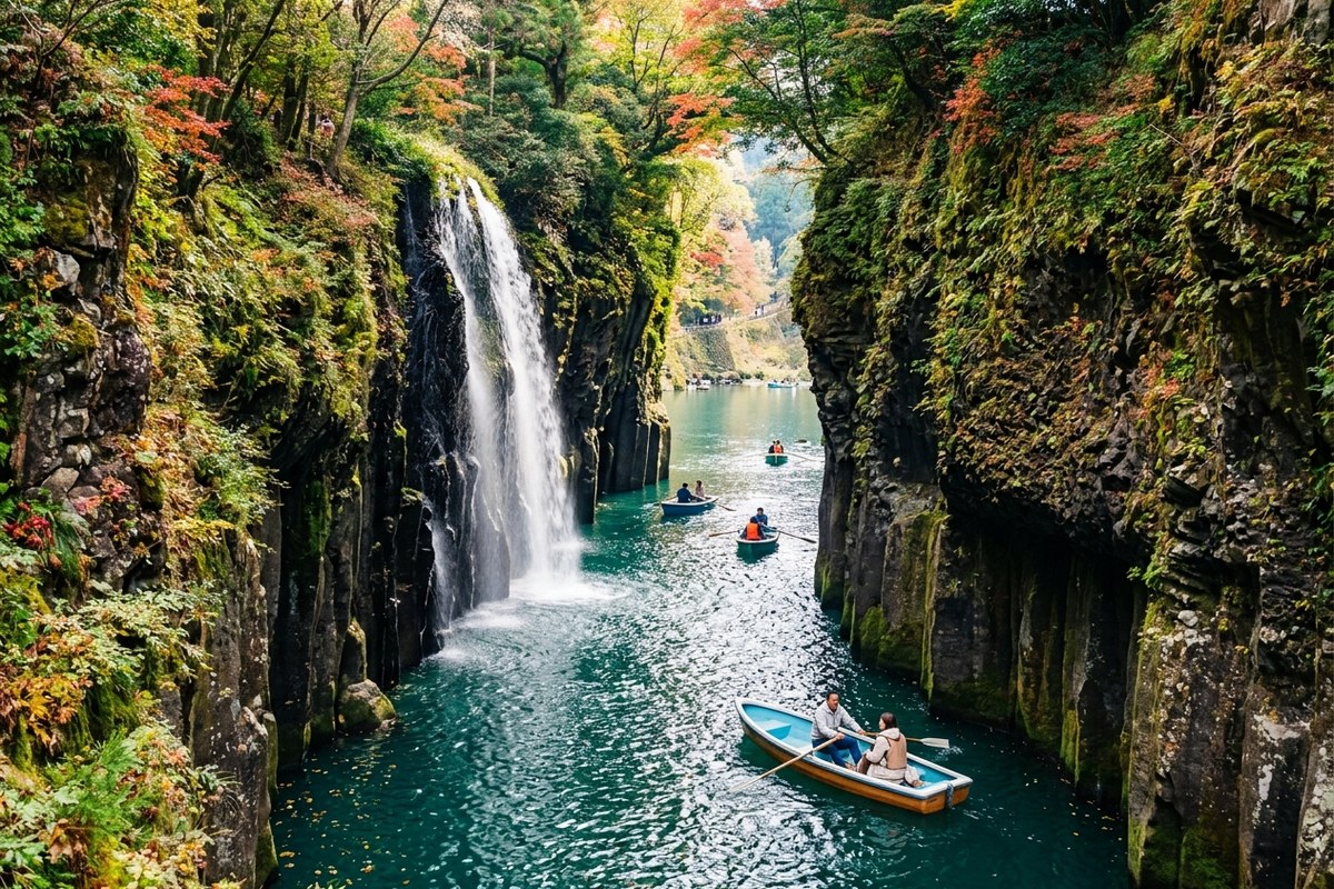 高千穂峡の真名井の滝と水面を進む貸しボート（高千穂のイメージ）