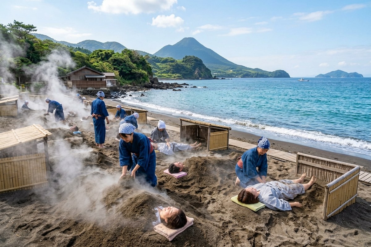 湯気が立ち上る砂むし温泉に包まれる海岸の様子（鹿児島のイメージ）
