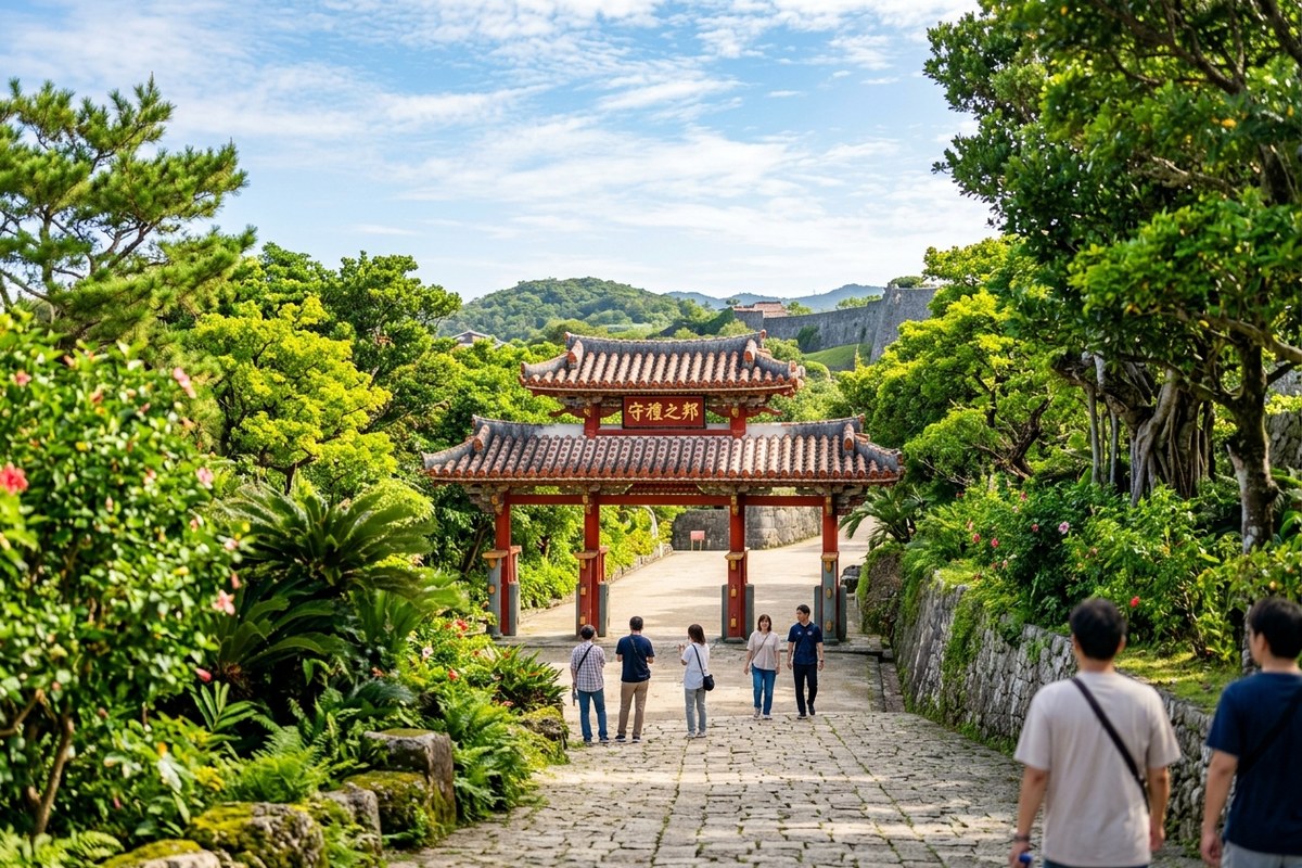 朱色が鮮やかな首里城公園の守礼門と緑豊かな風景（那覇のイメージ）