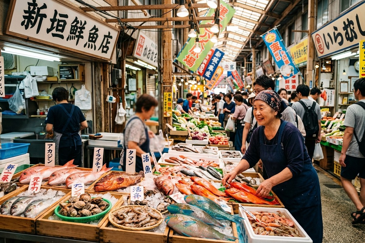 第一牧志公設市場に並ぶ鮮やかな魚と活気ある店内の様子（那覇のイメージ）